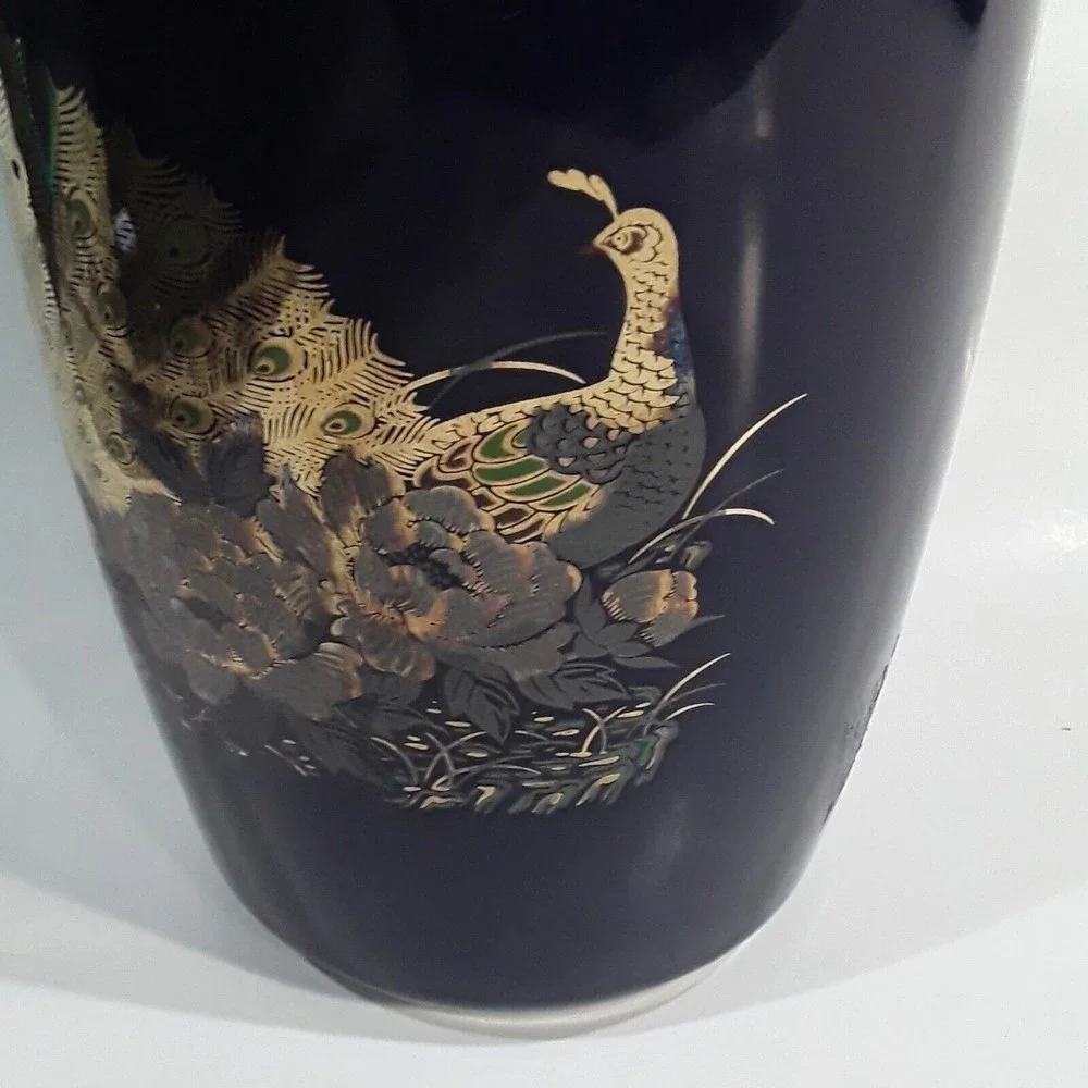 Vintage Blue Vase, Double Peacock, Gold trim. Japan 10 inches tall